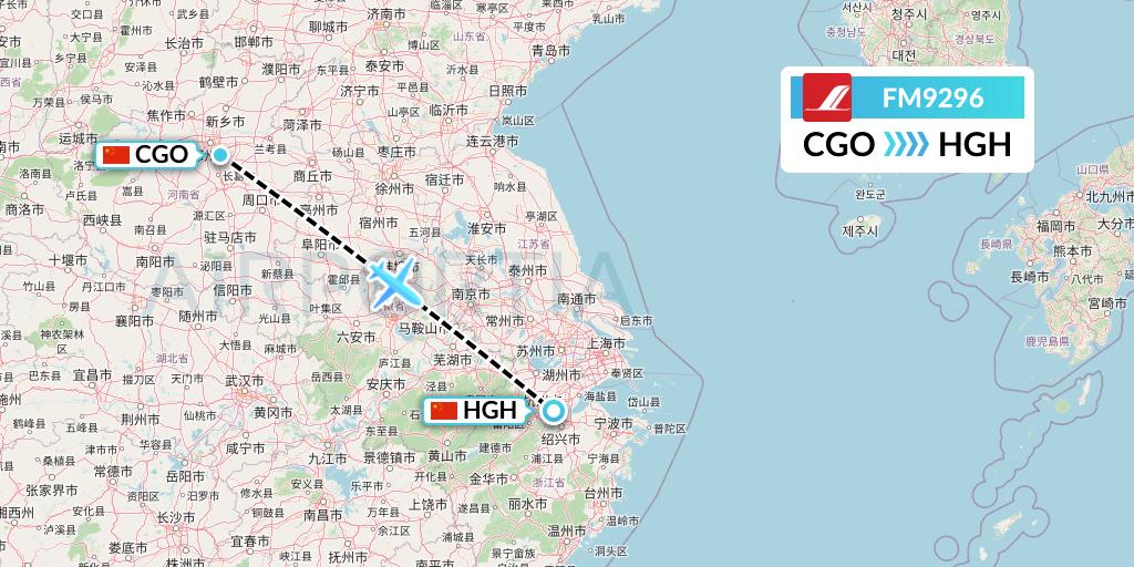 FM9296 Shanghai Airlines Flight Map: Zhengzhou to Hangzhou