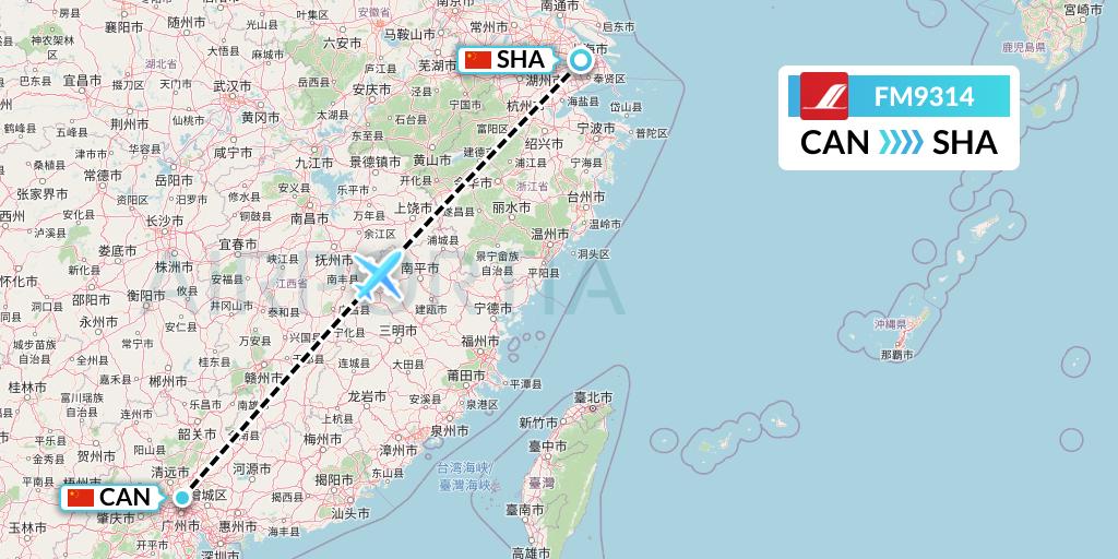 FM9314 Shanghai Airlines Flight Map: Guangzhou to Shanghai