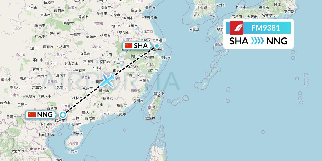FM9381 Shanghai Airlines Flight Map: Shanghai to Nanning