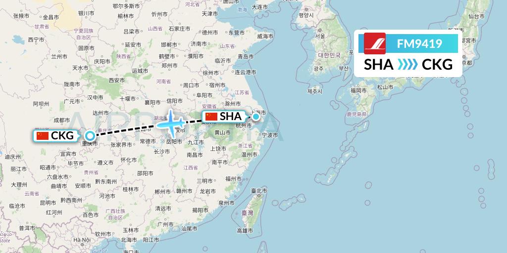 FM9419 Shanghai Airlines Flight Map: Shanghai to Chongqing