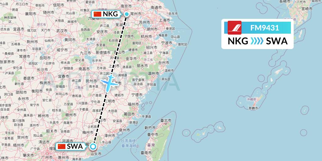 FM9431 Shanghai Airlines Flight Map: Nanjing to Jieyang