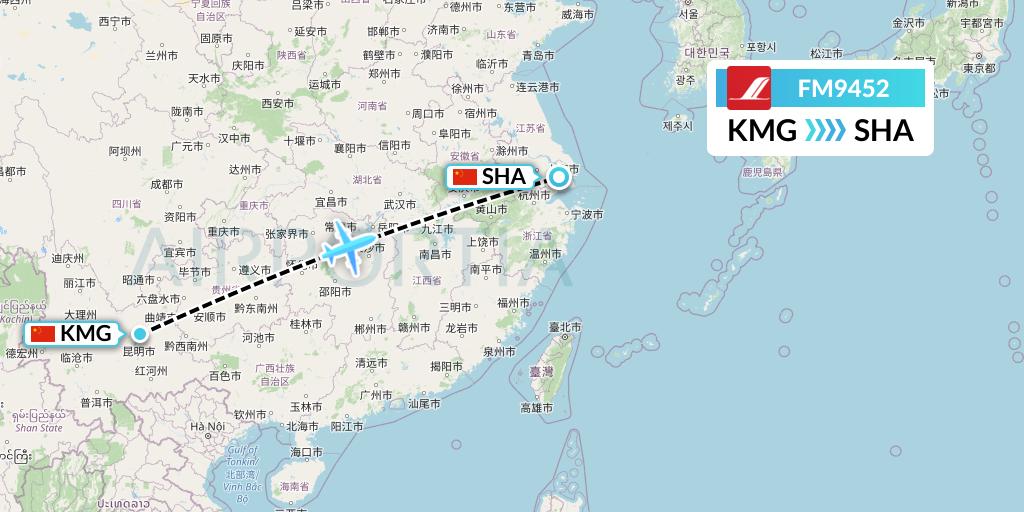 FM9452 Shanghai Airlines Flight Map: Kunming to Shanghai
