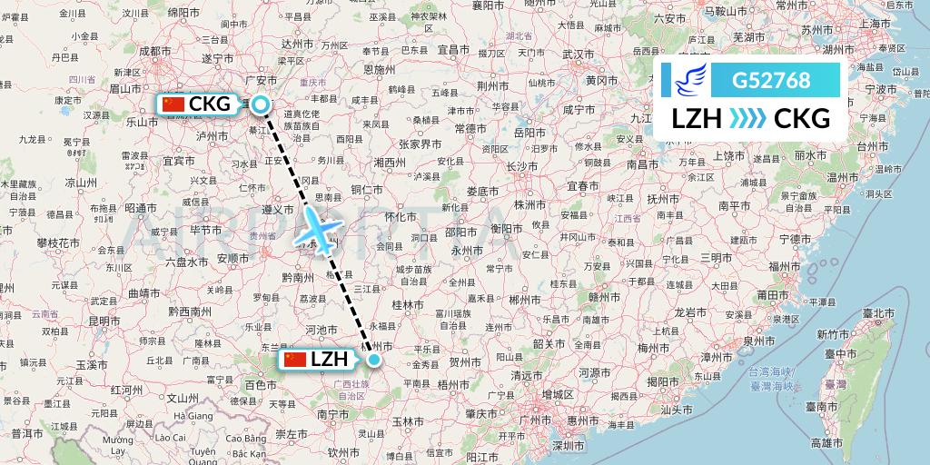 G52768 China Express Airlines Flight Map: Liuzhou to Chongqing