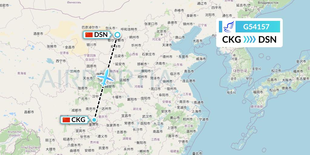 G54157 China Express Airlines Flight Map: Chongqing to Dongsheng