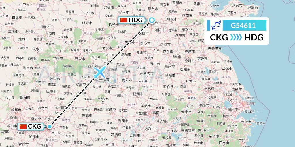 G54611 China Express Airlines Flight Map: Chongqing to Handan