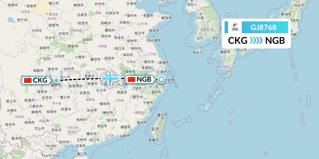GJ8768 Loong Airlines Flight Map: Chongqing to Ningbo