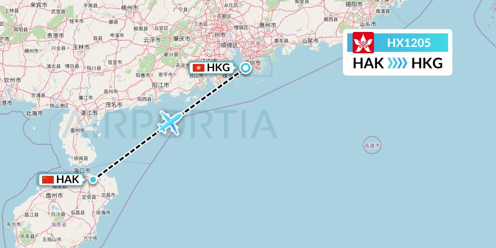 HX1205 Hong Kong Airlines Flight Map: Haikou to Hong Kong