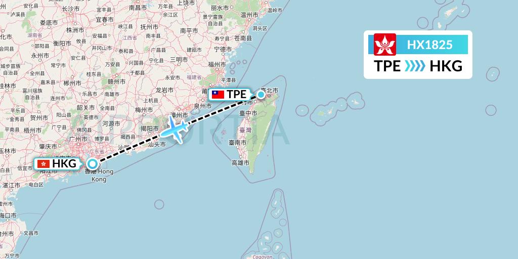 HX1825 Hong Kong Airlines Flight Map: Taipei to Hong Kong