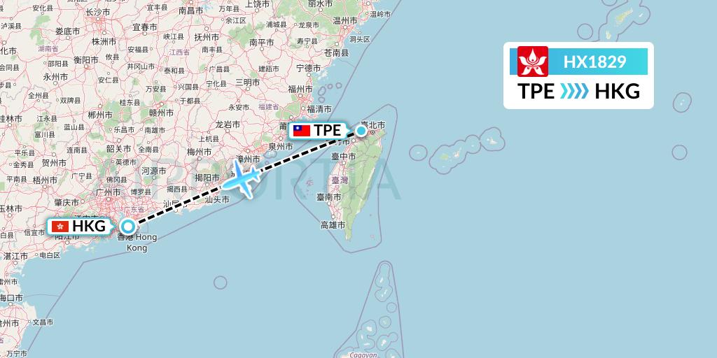 HX1829 Hong Kong Airlines Flight Map: Taipei to Hong Kong