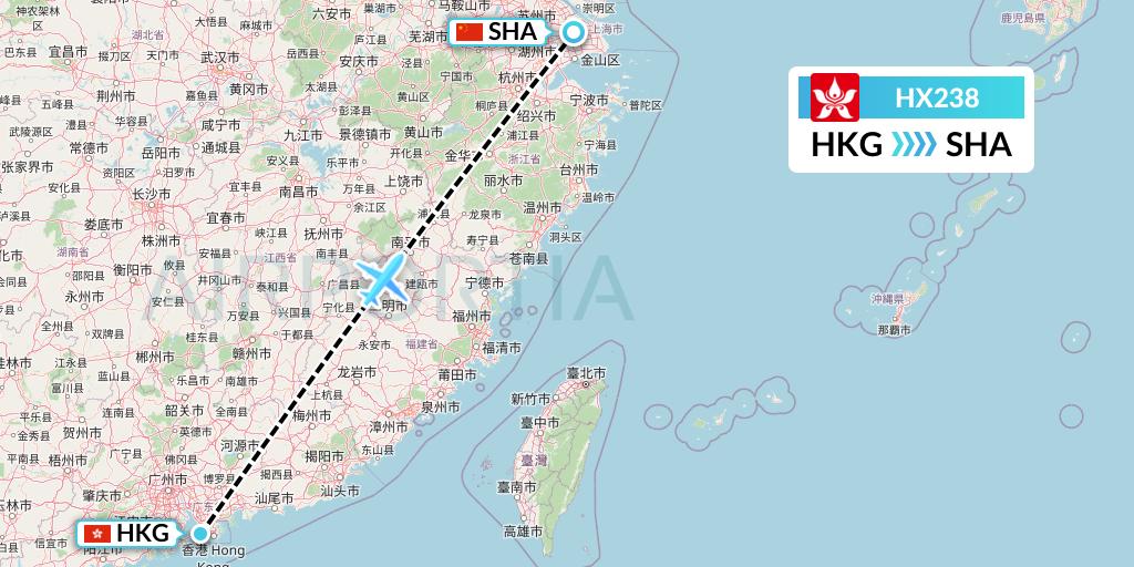 HX238 Hong Kong Airlines Flight Map: Hong Kong to Shanghai