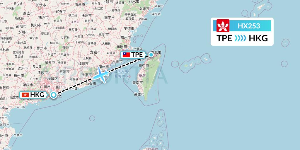 HX253 Hong Kong Airlines Flight Map: Taipei to Hong Kong