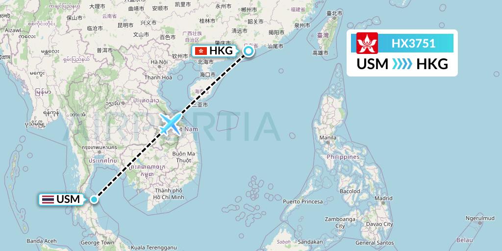 HX3751 Hong Kong Airlines Flight Map: Koh Samui to Hong Kong