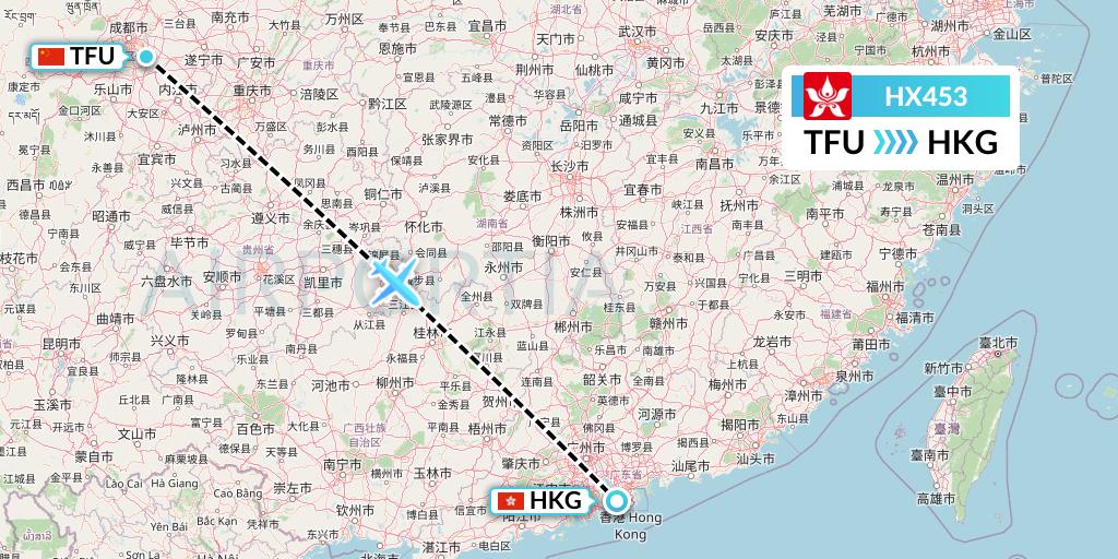 HX453 Hong Kong Airlines Flight Map: Chengdu to Hong Kong