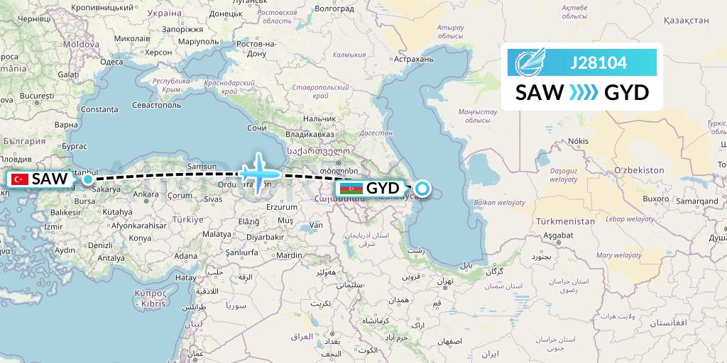 J28104 Azerbaijan Airlines Flight Map: Istanbul to Baku