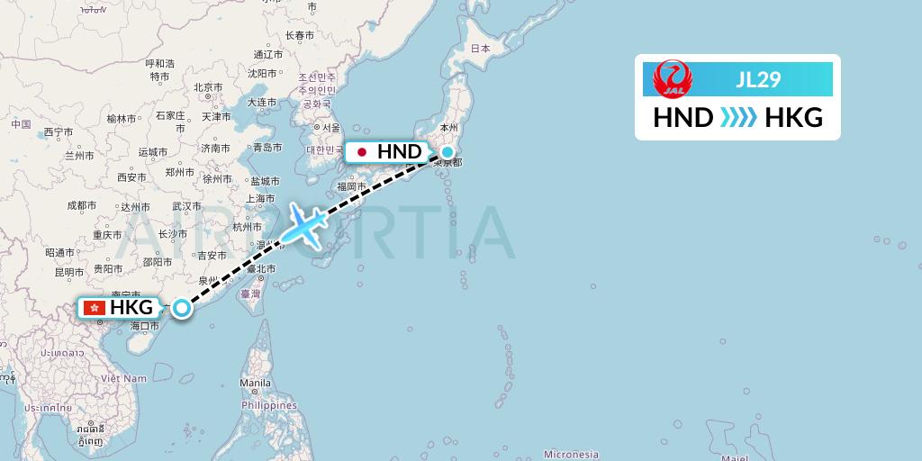 JL29 Japan Airlines Flight Map: Tokyo to Hong Kong