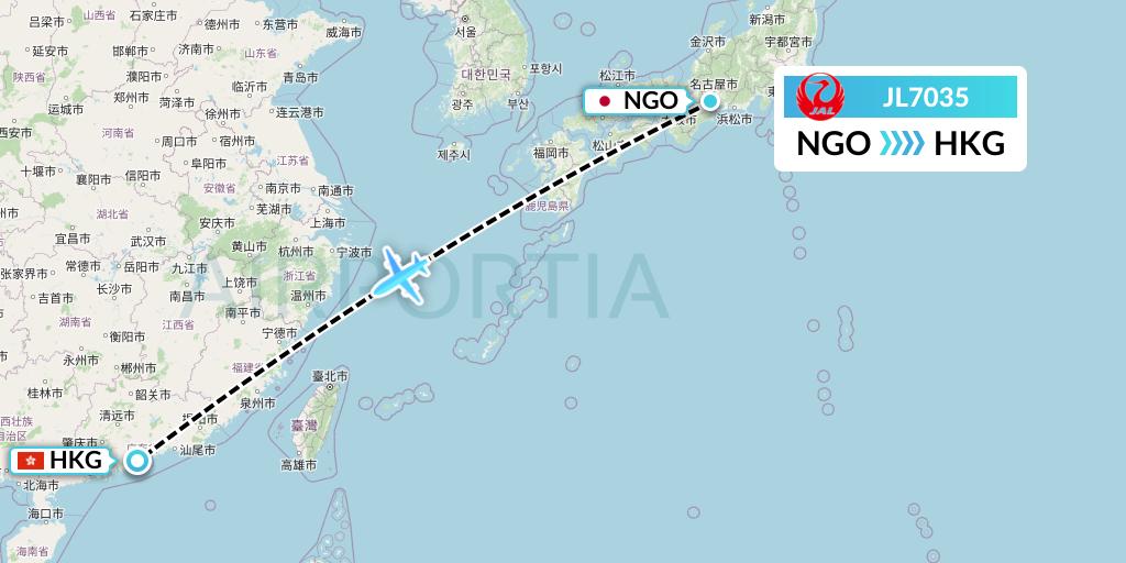 JL7035 Japan Airlines Flight Map: Nagoya to Hong Kong