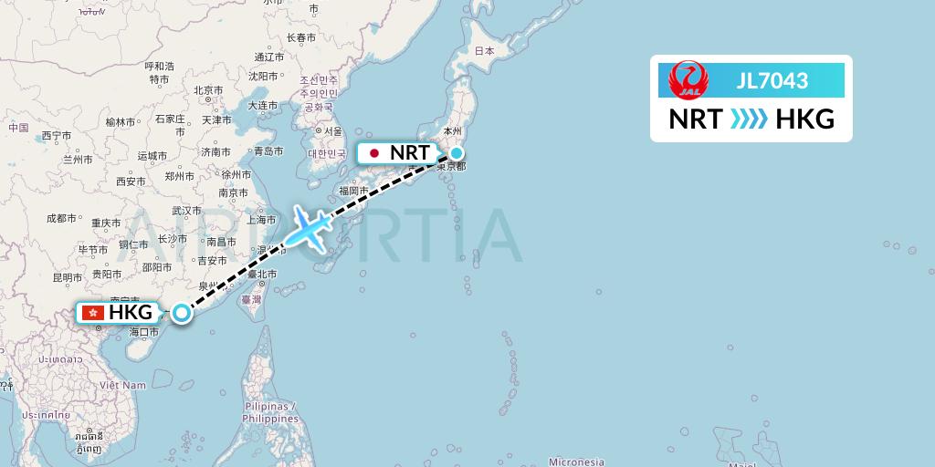 JL7043 Japan Airlines Flight Map: Tokyo to Hong Kong