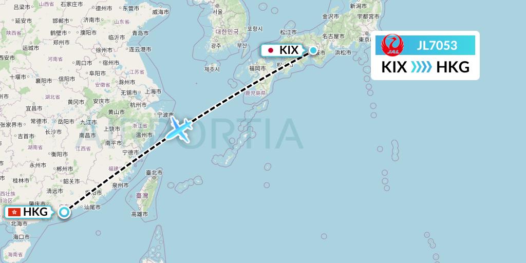 JL7053 Japan Airlines Flight Map: Osaka to Hong Kong