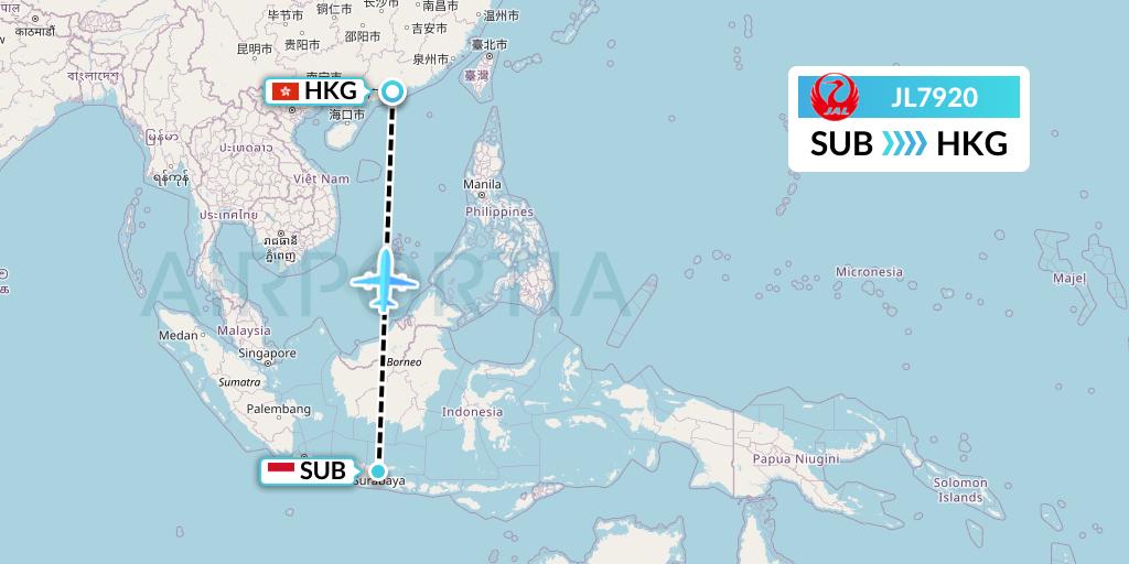 JL7920 Japan Airlines Flight Map: Surabaya to Hong Kong