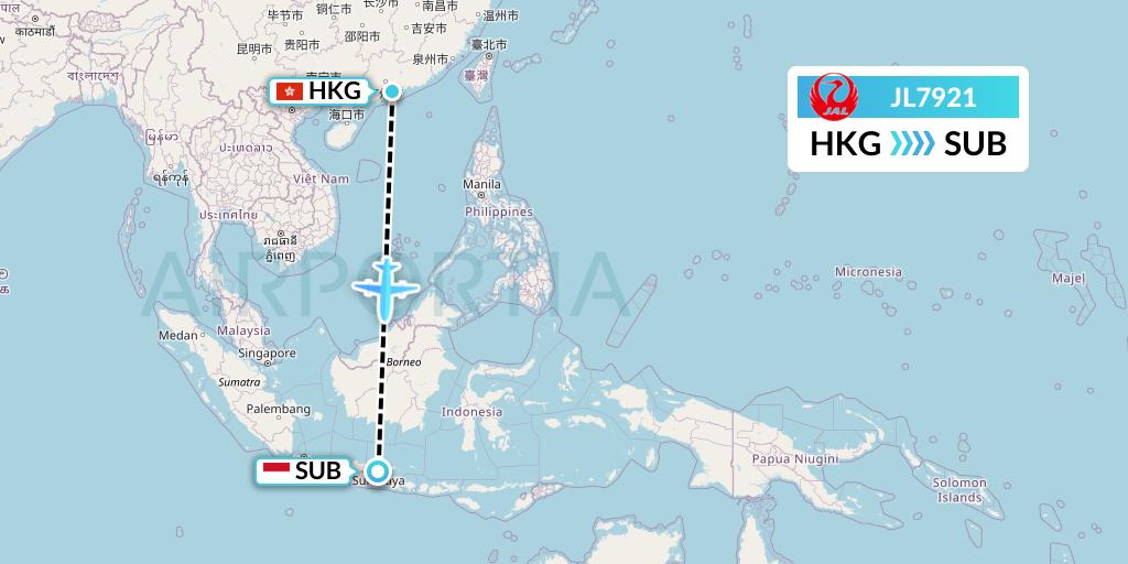 JL7921 Japan Airlines Flight Map: Hong Kong to Surabaya