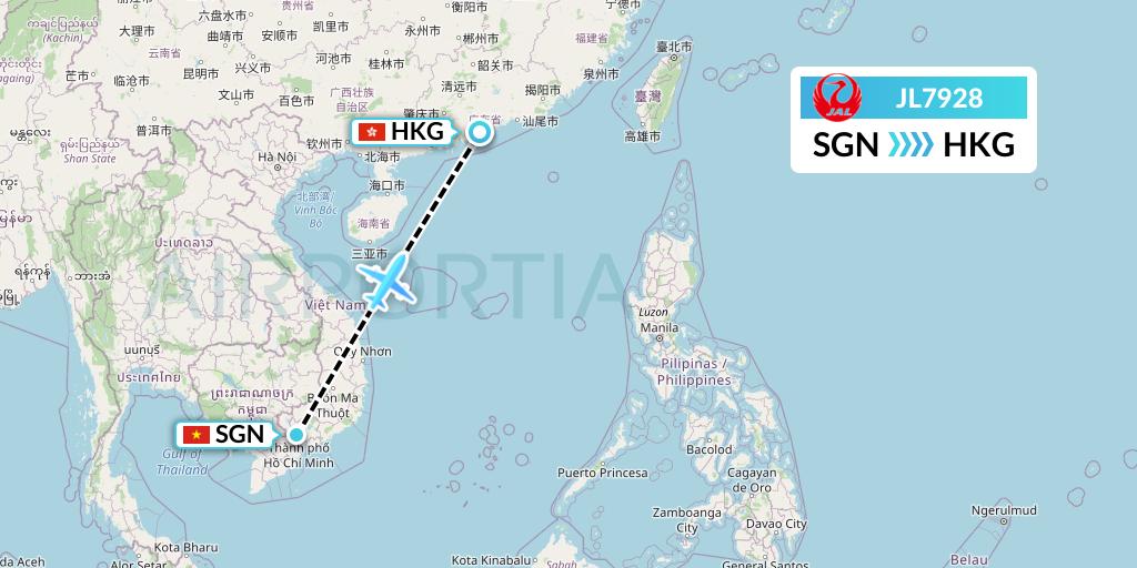 JL7928 Japan Airlines Flight Map: Ho Chi Minh City to Hong Kong