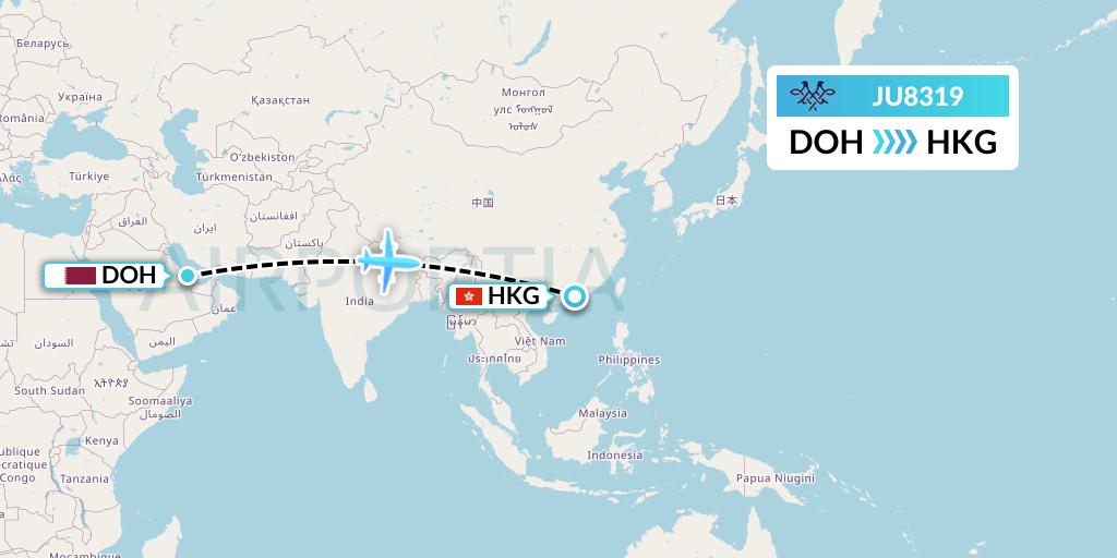 JU8319 AirSERBIA Flight Map: Doha to Hong Kong