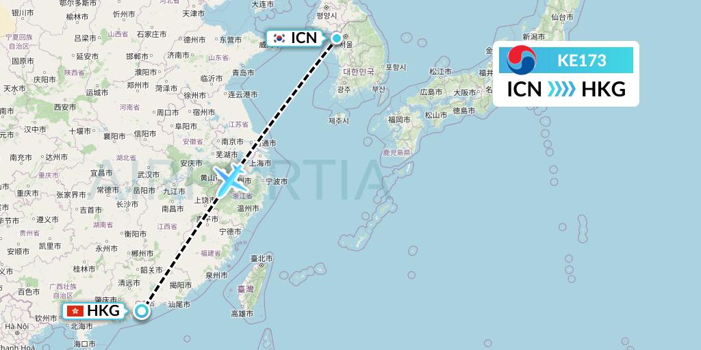 KE173 Korean Air Flight Map: Seoul to Hong Kong