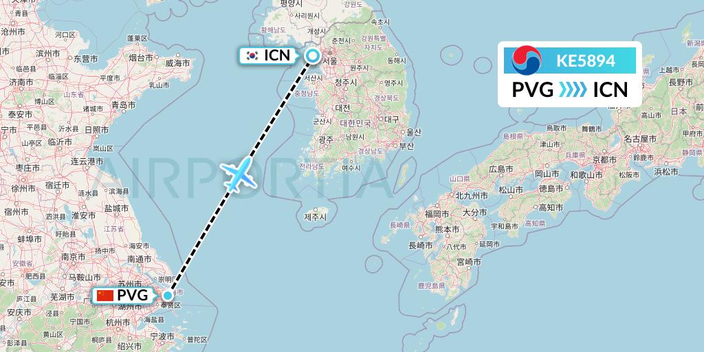 KE5894 Korean Air Flight Map: Shanghai to Seoul
