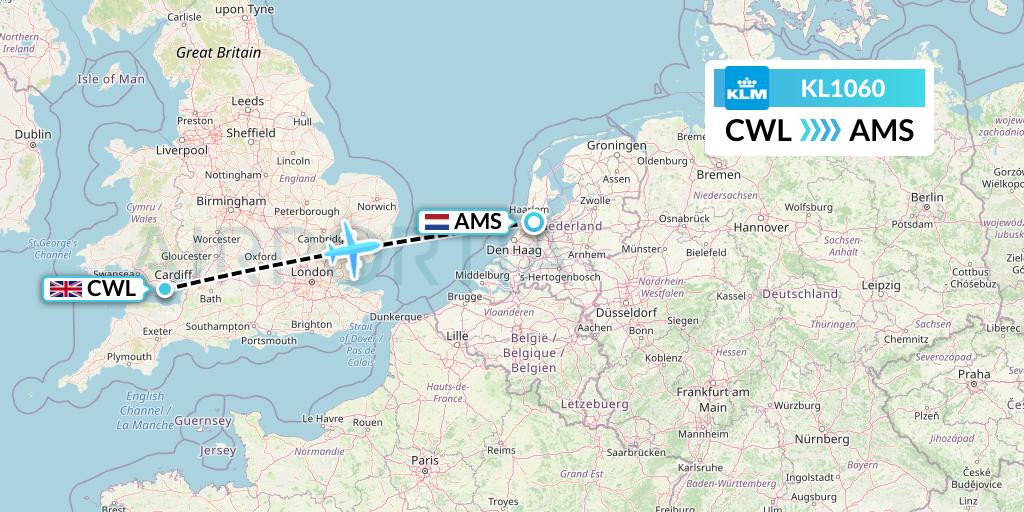 KL1060 KLM Flight Map: Cardiff to Amsterdam