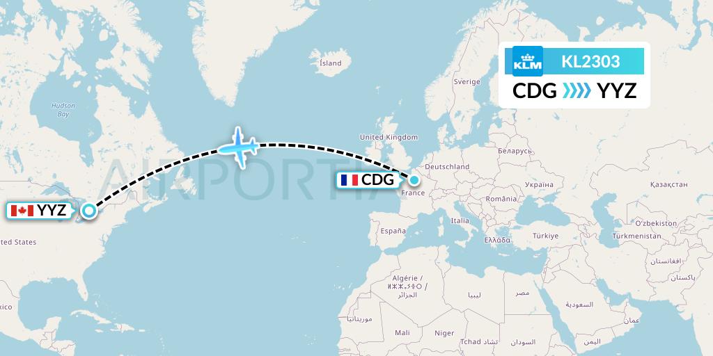 KL2303 KLM Flight Map: Paris to Toronto