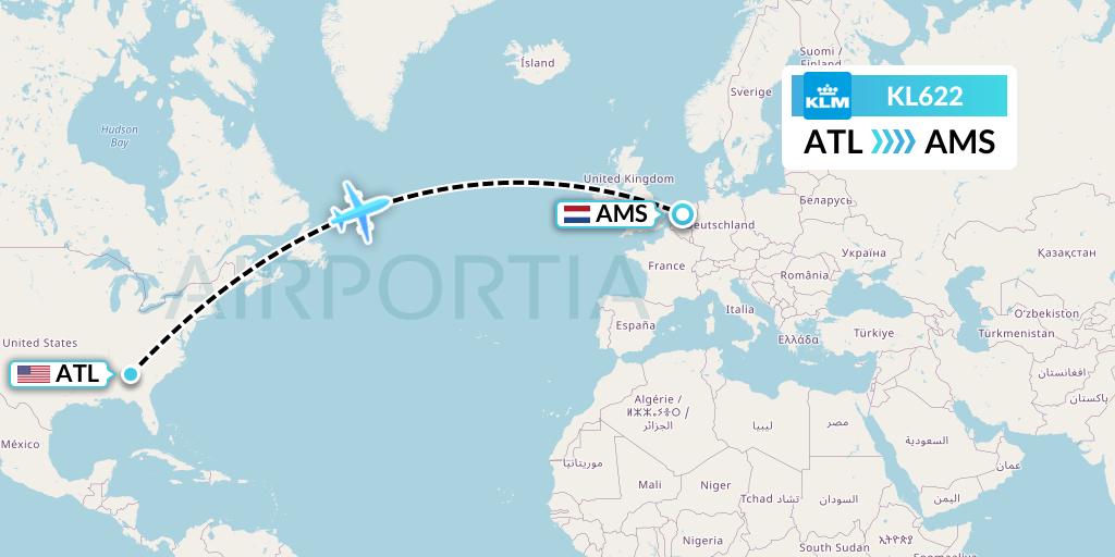 KL622 KLM Flight Map: Atlanta to Amsterdam