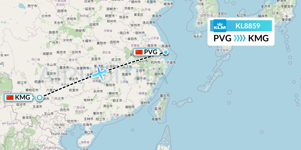 KL8859 KLM Flight Map: Shanghai to Kunming