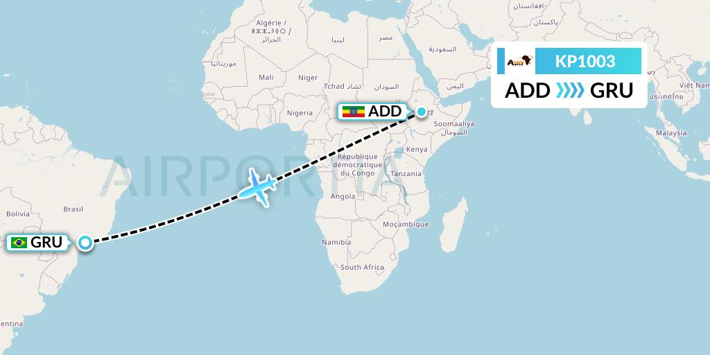 KP1003 ASKY Flight Map: Addis Ababa to Sao Paulo