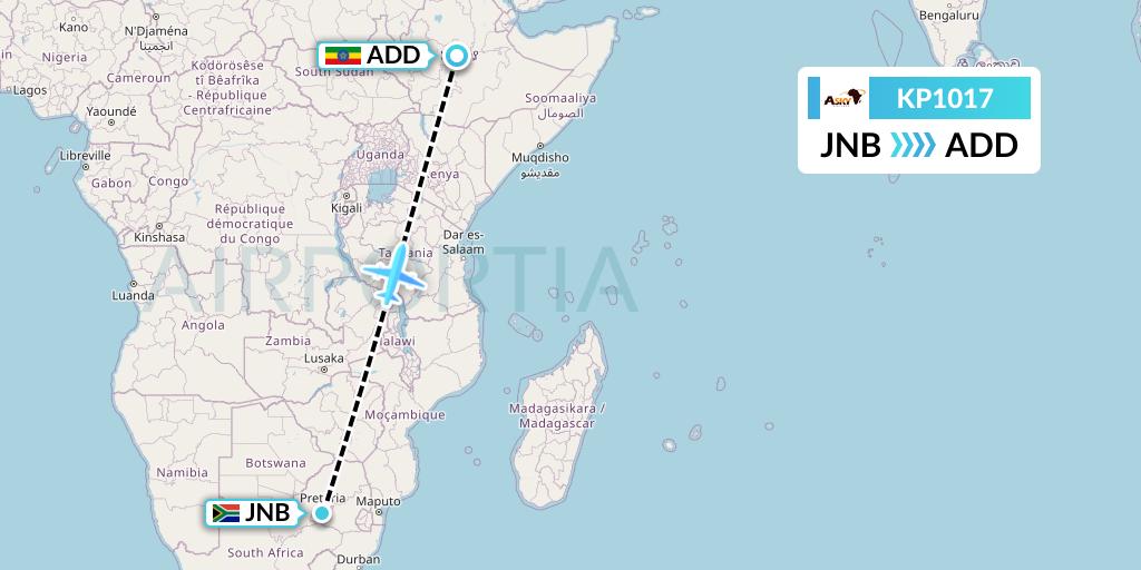 KP1017 ASKY Flight Map: Johannesburg to Addis Ababa