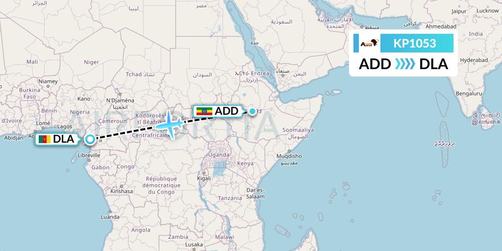 KP1053 ASKY Flight Map: Addis Ababa to Douala