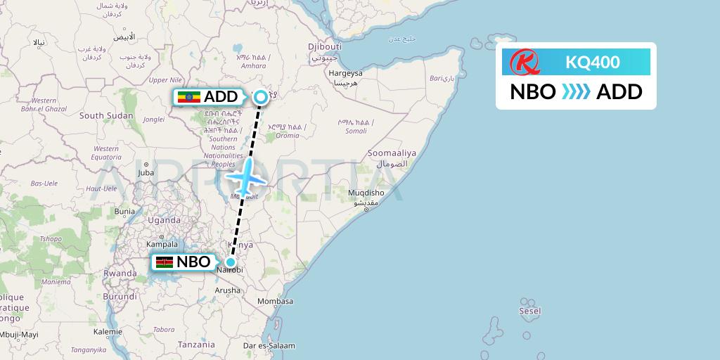 KQ400 Kenya Airways Flight Map: Nairobi to Addis Ababa