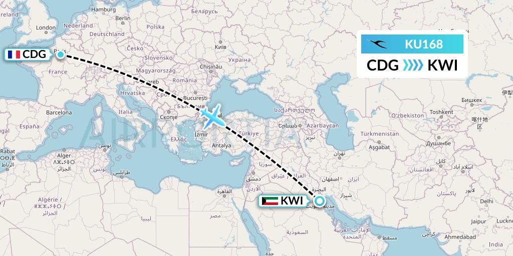KU168 Kuwait Airways Flight Map: Paris to Kuwait City