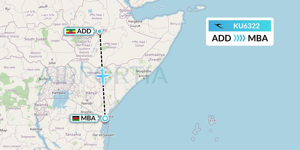 KU6322 Kuwait Airways Flight Map: Addis Ababa to Mombasa