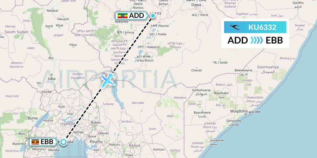 KU6332 Kuwait Airways Flight Map: Addis Ababa to Entebbe