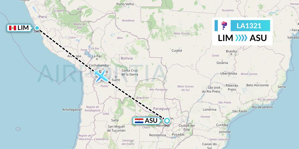 LA1321 LAN Airlines Flight Map: Lima to Asuncion