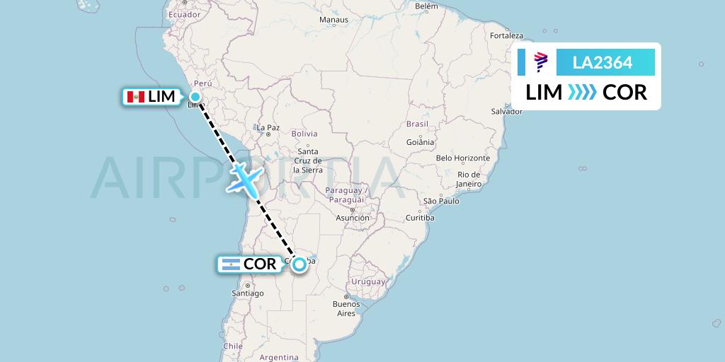LA2364 LAN Airlines Flight Map: Lima to Cordoba