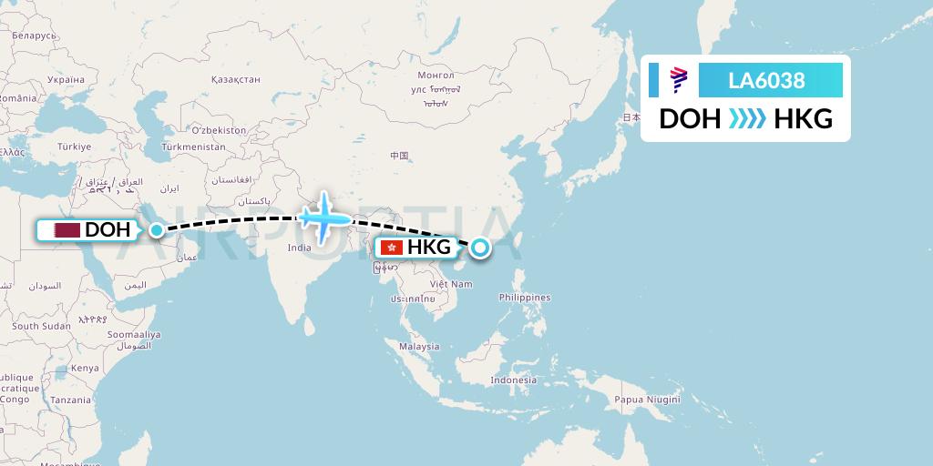 LA6038 LAN Airlines Flight Map: Doha to Hong Kong