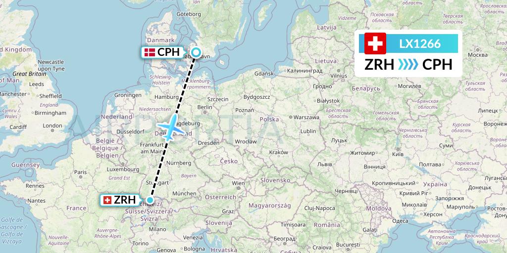 LX1266 Swiss Flight Map: Zurich to Copenhagen