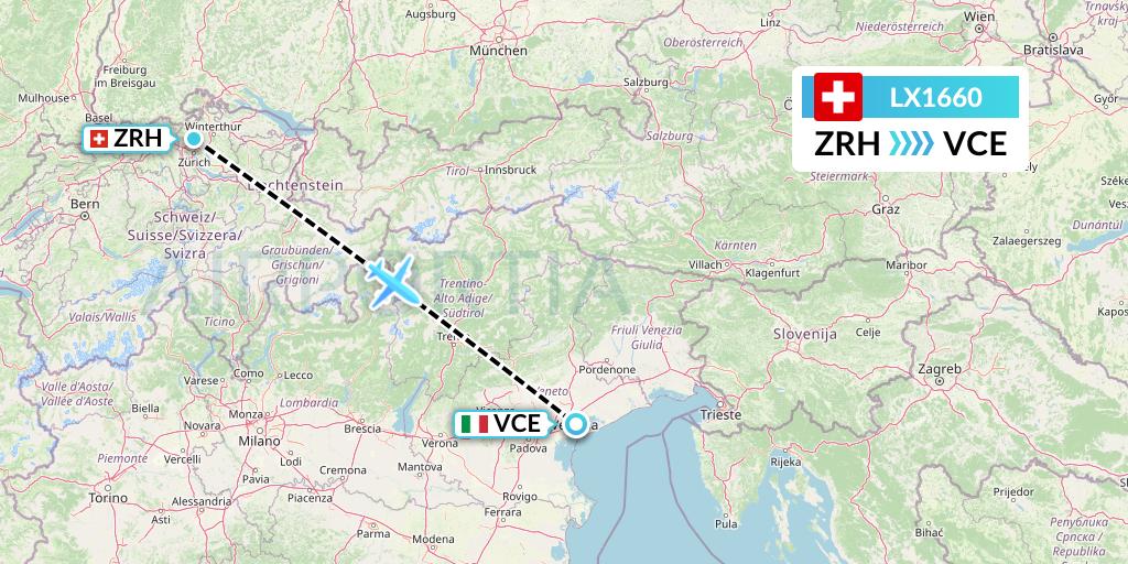 LX1660 Swiss Flight Map: Zurich to Venice