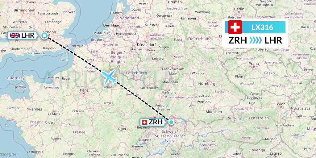 LX316 Swiss Flight Map: Zurich to London