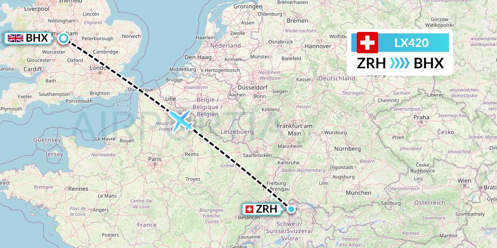 LX420 Swiss Flight Map: Zurich to Birmingham