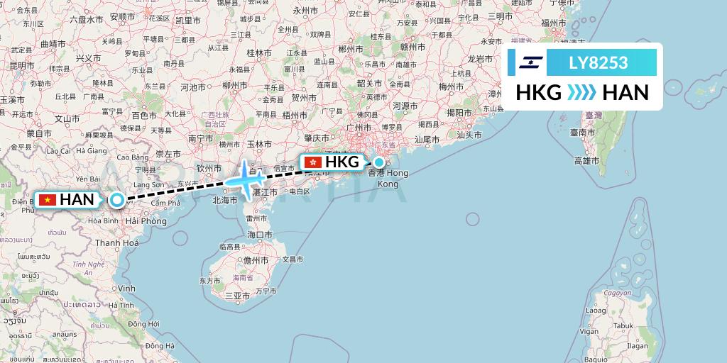 LY8253 El Al Flight Map: Hong Kong to Hanoi