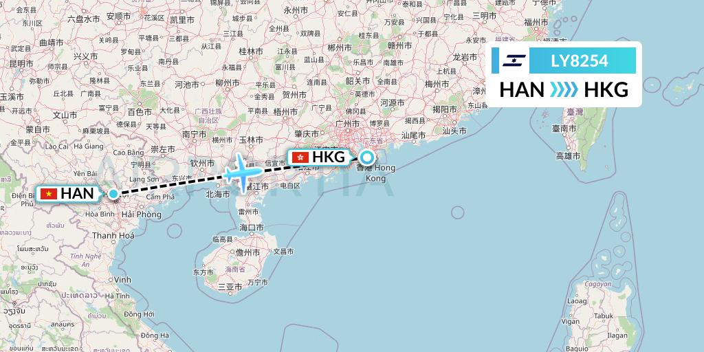 LY8254 El Al Flight Map: Hanoi to Hong Kong