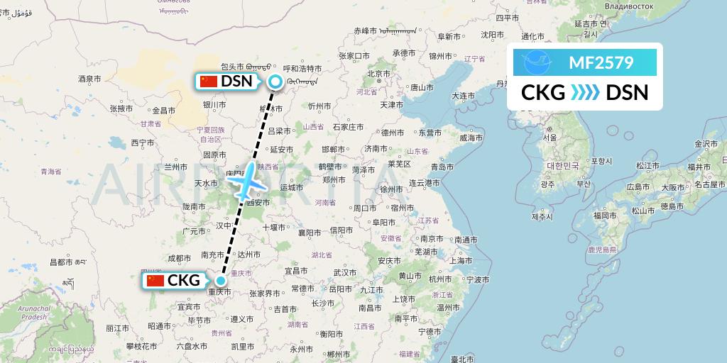 MF2579 Xiamen Airlines Flight Map: Chongqing to Dongsheng