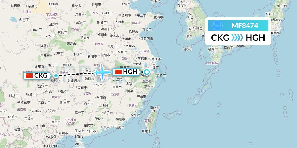 MF8474 Xiamen Airlines Flight Map: Chongqing to Hangzhou